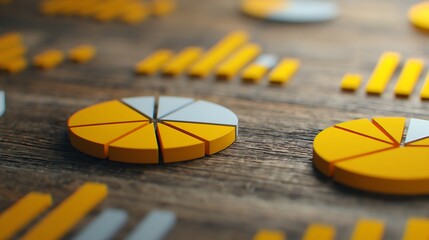 A collection of colorful pie charts and bar graphs displayed on a textured wooden surface, illustrating data visualization concepts.