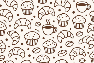 Seamless coffee and pastry pattern with croissants, muffins, and coffee cups