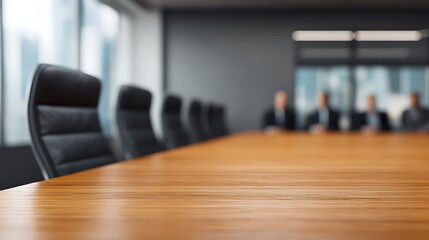 A modern conference room featuring a long wooden table and leather chairs, with blurred figures of professionals seated in the background.