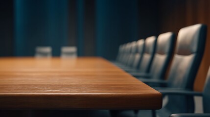 Obraz premium A sleek wooden conference table with ergonomic chairs set in a modern meeting room, emphasizing a professional and collaborative environment.