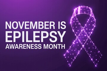 November Is Epilepsy Awareness Month Graphic with Glowing Purple Digital Network Ribbon Symbol on Dark Background Technology Vector