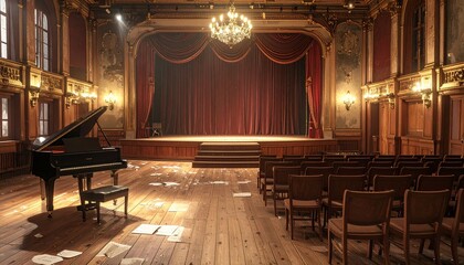 Elegant Piano and Stage A Captivating View of an Empty Auditorium