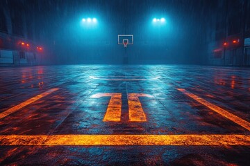 Misty basketball court illuminated by blue lights during a rainy evening in an indoor facility