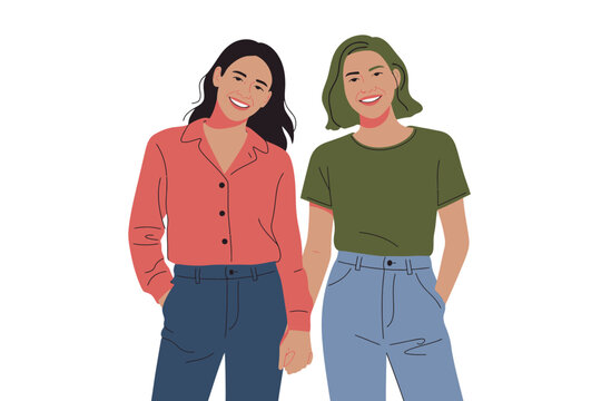Two smiling women holding hands stand together as friends on a white background. - Powered by Adobe