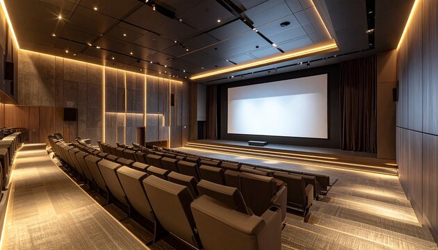 Elegant modern screening room featuring plush tiered seating and a large projection screen for a private cinematic experience