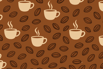 Obraz premium Seamless coffee pattern with cups and beans on brown background