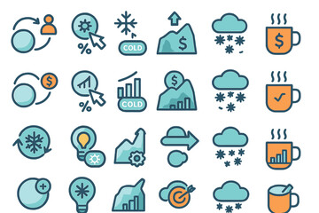 Fototapeta premium Winter business and weather icon set with finance and analytics symbols