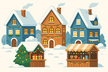 Snowy Christmas village with decorated houses and market stalls