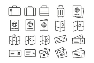Travel Essentials Icon Set – Luggage, Passport, Map, and Ticket Symbols on Dark Background