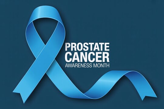 Prostate Cancer Awareness Month banner featuring a realistic blue ribbon symbol on a dark background, ideal for medical organizations, men's health promotion, and charity support campaigns - Powered by Adobe