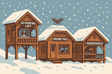 Snowy cabin tech hub with makerspace, drone pad, and 3D printing loft © Maxim Borbut