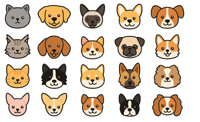 Obraz premium Set of cute cartoon cat and dog face icons