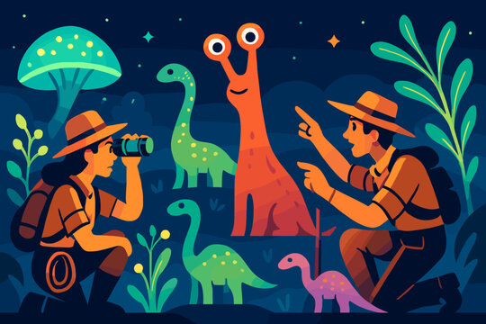 Explorers discovering colorful dinosaurs and aliens at night