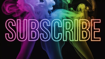 Subscribe neon-style call to action banner with vibrant rainbow smoke background for video channels, social media marketing, online content creators, and website promotion