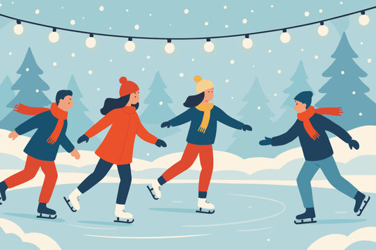 Friends ice skating together on snowy winter day