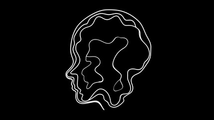 Abstract outline of a human head with wavy, intricate lines on a black background, symbolizing complex thought, mind, and psychology.