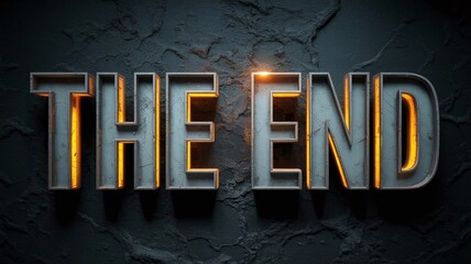 Dramatic Cinematic THE END Text with Molten Orange Glow and Metal Texture Overlays a Dark Grunge Concrete Background for Film Titles