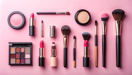 A flat lay of various professional makeup essentials and cosmetic products neatly arranged on a vibrant pink background