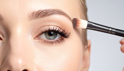 Close-up of a professional makeup artist applying neutral eyeshadow to a woman's eyelid with a soft brush for a natural look