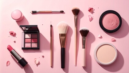 Essential beauty and cosmetic products, including makeup brushes, eyeshadow, lipstick, blush, and powder, artistically arranged on a pink background in a stylish flat lay