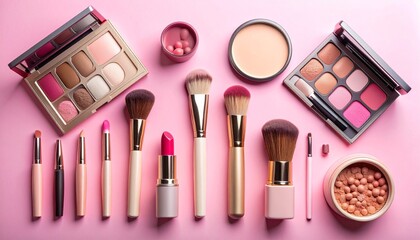 An inviting flat lay of diverse cosmetic products and professional makeup brushes neatly arranged on a vibrant pink background, showcasing essential beauty tools