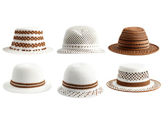 A Collection of Stylish Wide-Brimmed Hats Featuring Unique Patterns and Textures with Focus on White and Brown Color Schemes isolated on transparent background
