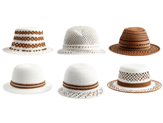 A Collection of Stylish Wide-Brimmed Hats Featuring Unique Patterns and Textures with Focus on White and Brown Color Schemes isolated on transparent background