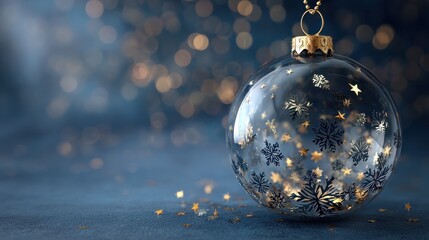 a frosted glass ornament with tiny suspended gold stars and snowflakes softly illuminated on a midnight blue background