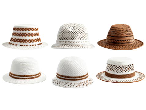 A Collection of Stylish Wide-Brimmed Hats Featuring Unique Patterns and Textures with Focus on White and Brown Color Schemes isolated on transparent background