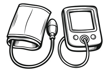 Black and white line work shows medical sphygmomanometer device for blood pressure reading