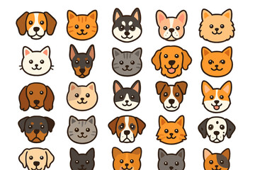 Cartoon pet faces pattern featuring dogs and cats on brown background