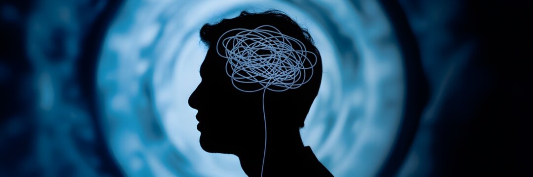 Mental health concept depicting a silhouette of a head with tangled thoughts, representing stress, confusion, and psychological challenges, ideal for awareness banners or posters - Powered by Adobe