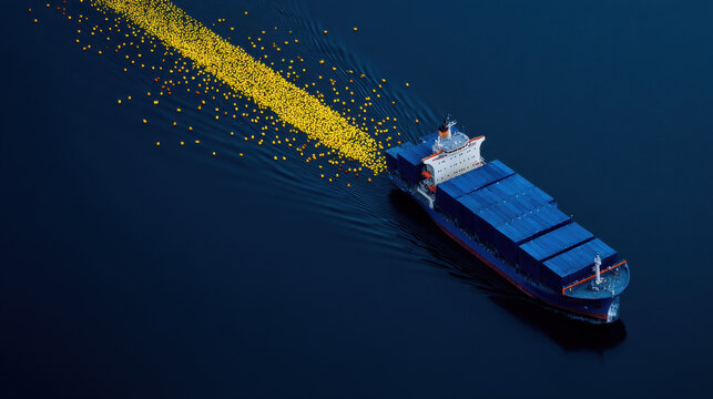 Cargo Ship Traversing the Sea: An aerial view captures a cargo ship as it embarks on a journey across the open sea, leaving a trail of shimmering, golden particles in its wake. - Powered by Adobe
