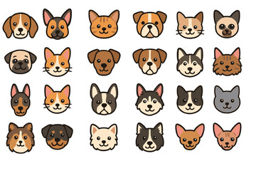 Set of cute cartoon dog and cat face icons on brown background