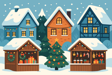 Festive snowy village with Christmas stalls and tree
