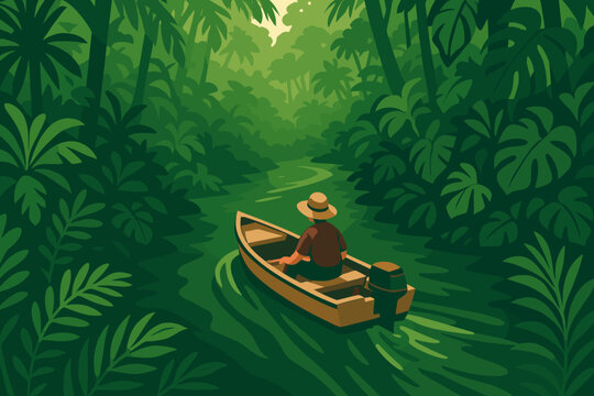 Man exploring tropical jungle river in wooden boat illustration