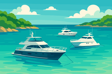 Illustration of luxury yachts anchored in tropical bay