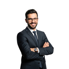 Professional businessman wearing a dark suit and tie with glasses smiling confidently with arms crossed isolated on transparent background