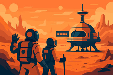 Astronauts arriving at a futuristic Mars base