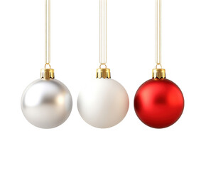 Beautifully Arranged Decorative Ornaments in Red, White, and Silver Hanging on Strings  isolated on transparent background for a Festive Seasonal Touch