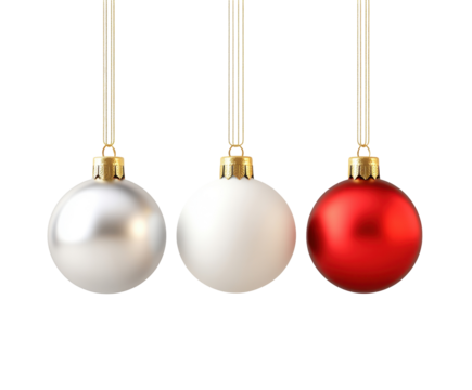 Beautifully Arranged Decorative Ornaments in Red, White, and Silver Hanging on Strings  isolated on transparent background for a Festive Seasonal Touch