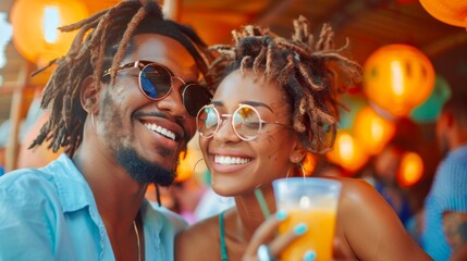 Joyful couple enjoys summer street food and drinks at a vibrant market under colorful lanterns filled with laughter