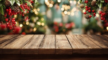 empty wooden table with christmas theme background for holiday display and festive design