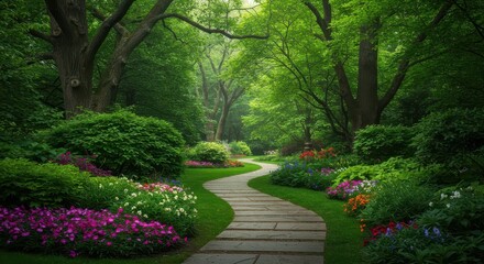 Obraz premium A peaceful, winding stone path cuts through lush flower beds and vibrant greenery beneath the canopy of large, towering trees ,canopy, stepping, shade