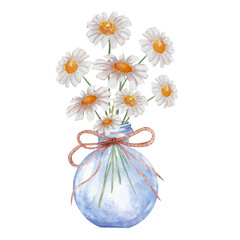 Watercolor illustration of bouquet of white daisies in blue transparent vase tied with bow. Hand drawn botanical composition, isolated on white background.