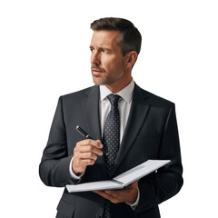 Professional businessman in a dark suit and tie holding a pen and notebook looking thoughtfully to the side isolated on transparent background