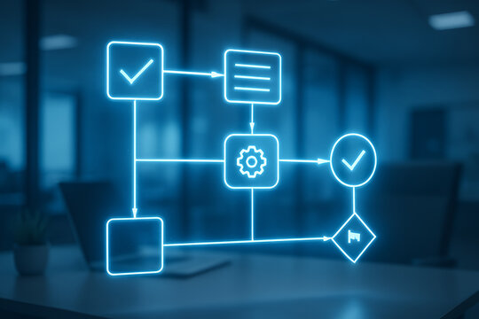 Workflow Automation Process with Digital Flowchart and System Integration Concept - Powered by Adobe