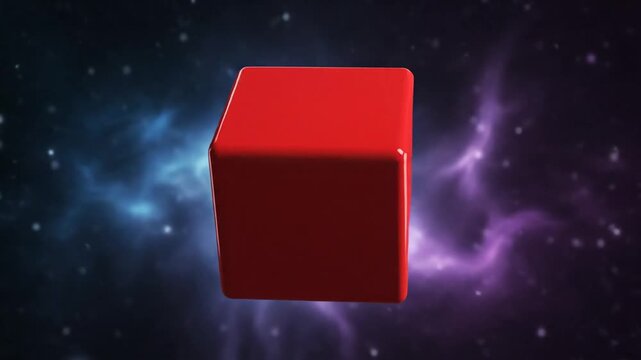 Abstract red cube floating in space against colorful nebula background with stars and copy space for design