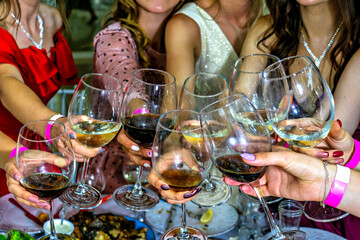 A group of women holding wine glasses and toasting