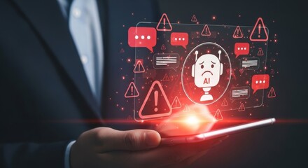 Digital Dilemma: A figure holds a digital interface depicting the vulnerabilities and failures within artificial intelligence, casting a critical eye on the technological landscape.